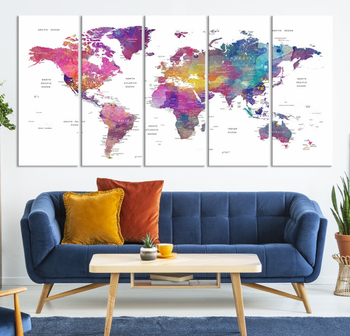 Blue Purple World Map Wall Art Canvas Print Framed Ready to Hang