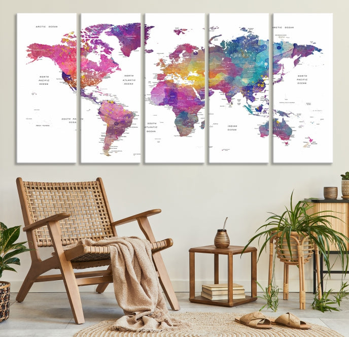 Blue Purple World Map Wall Art Canvas Print Framed Ready to Hang