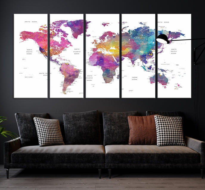 Blue Purple World Map Wall Art Canvas Print Framed Ready to Hang