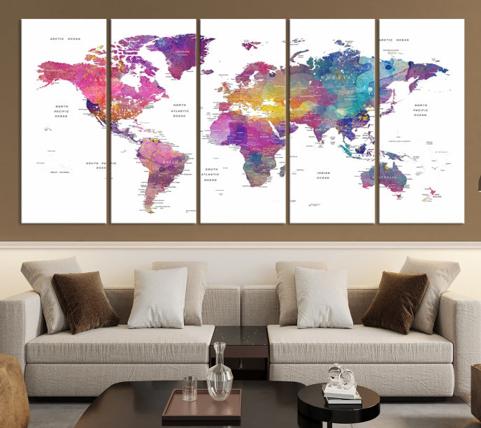 Blue Purple World Map Wall Art Canvas Print Framed Ready to Hang