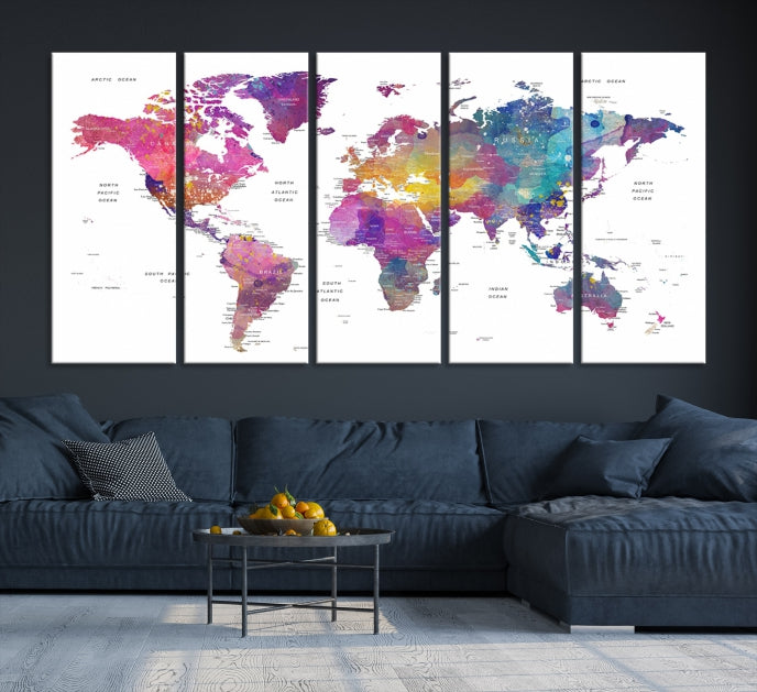 Blue Purple World Map Wall Art Canvas Print Framed Ready to Hang