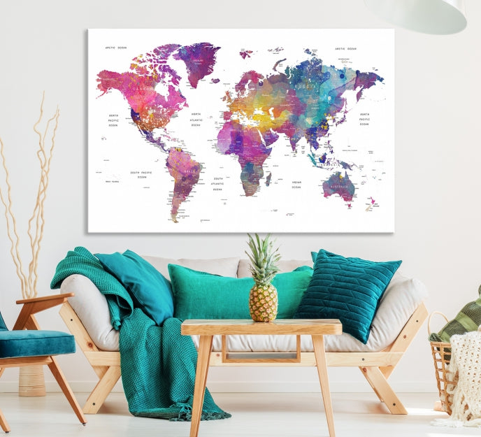 Blue Purple World Map Wall Art Canvas Print Framed Ready to Hang