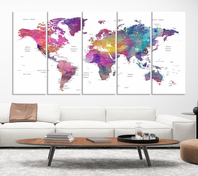 Blue Purple World Map Wall Art Canvas Print Framed Ready to Hang