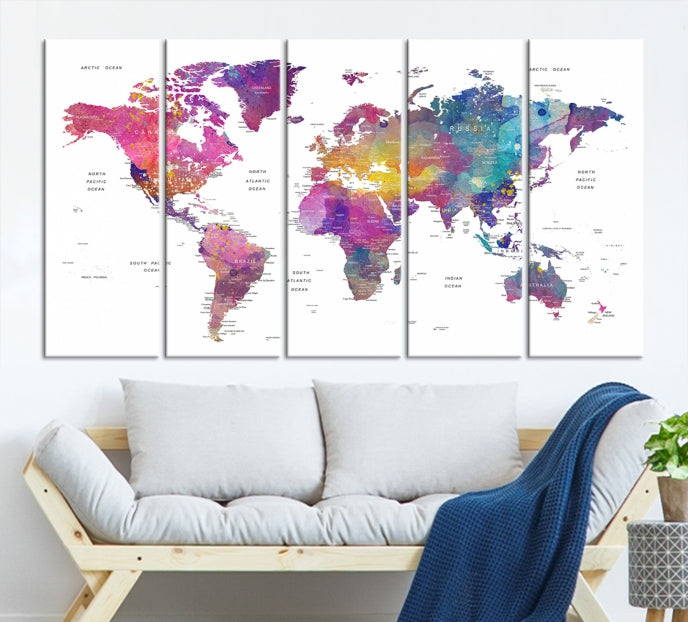 Blue Purple World Map Wall Art Canvas Print Framed Ready to Hang