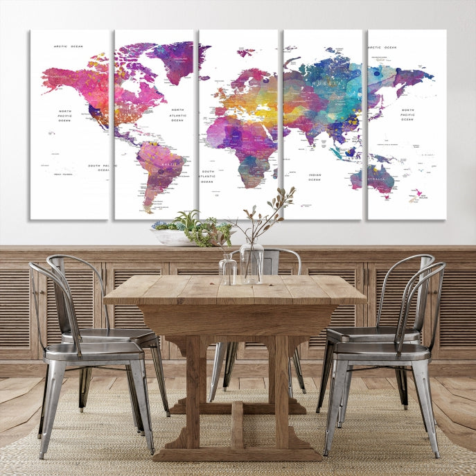 Blue Purple World Map Wall Art Canvas Print Framed Ready to Hang