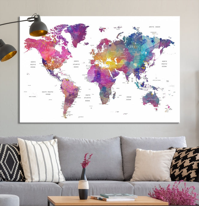 Blue Purple World Map Wall Art Canvas Print Framed Ready to Hang