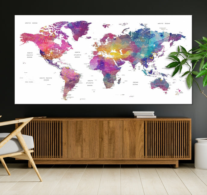 Blue Purple World Map Wall Art Canvas Print Framed Ready to Hang