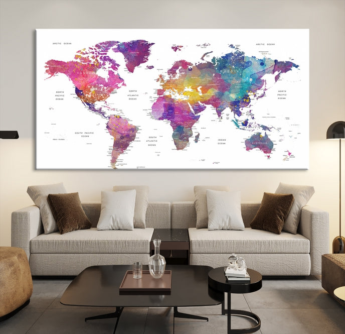 Blue Purple World Map Wall Art Canvas Print Framed Ready to Hang