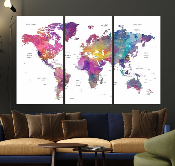 Blue Purple World Map Wall Art Canvas Print Framed Ready to Hang