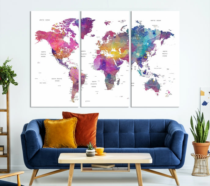 Blue Purple World Map Wall Art Canvas Print Framed Ready to Hang