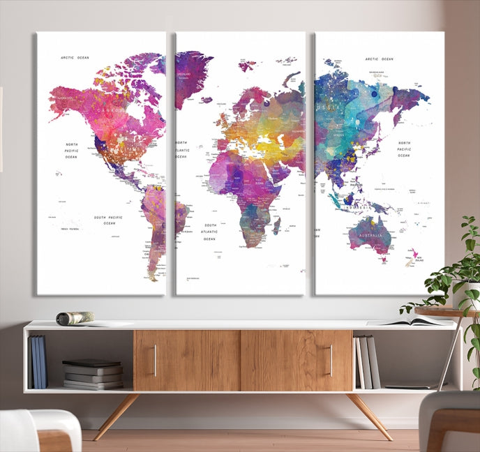 Blue Purple World Map Wall Art Canvas Print Framed Ready to Hang