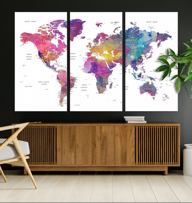 Blue Purple World Map Wall Art Canvas Print Framed Ready to Hang