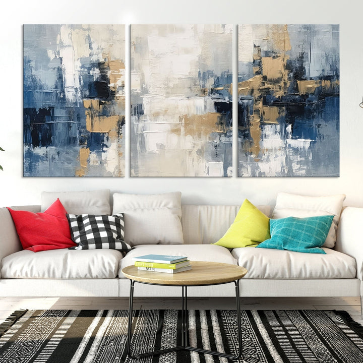 Blue Shades Abstract Artwork Printed Wall Art Framed Canvas Modern Marble Painting