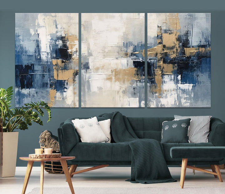 Blue Shades Abstract Artwork Printed Wall Art Framed Canvas Modern Marble Painting