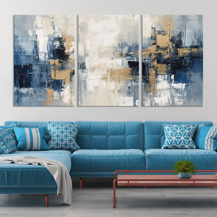 Blue Shades Abstract Artwork Printed Wall Art Framed Canvas Modern Marble Painting