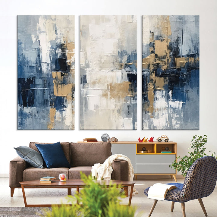 Blue Shades Abstract Artwork Printed Wall Art Framed Canvas Modern Marble Painting