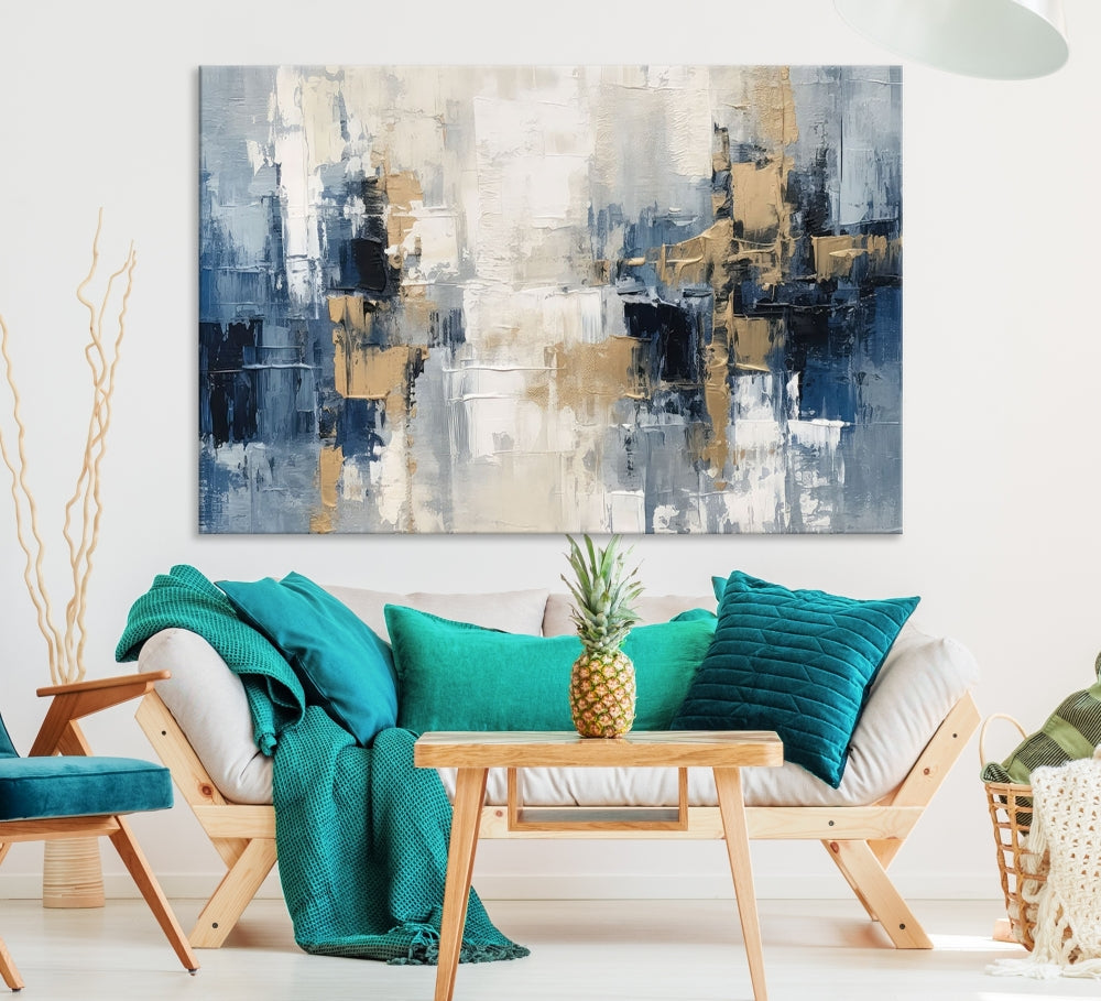 Blue Shades Abstract Artwork Printed Wall Art Framed Canvas Modern Marble Painting