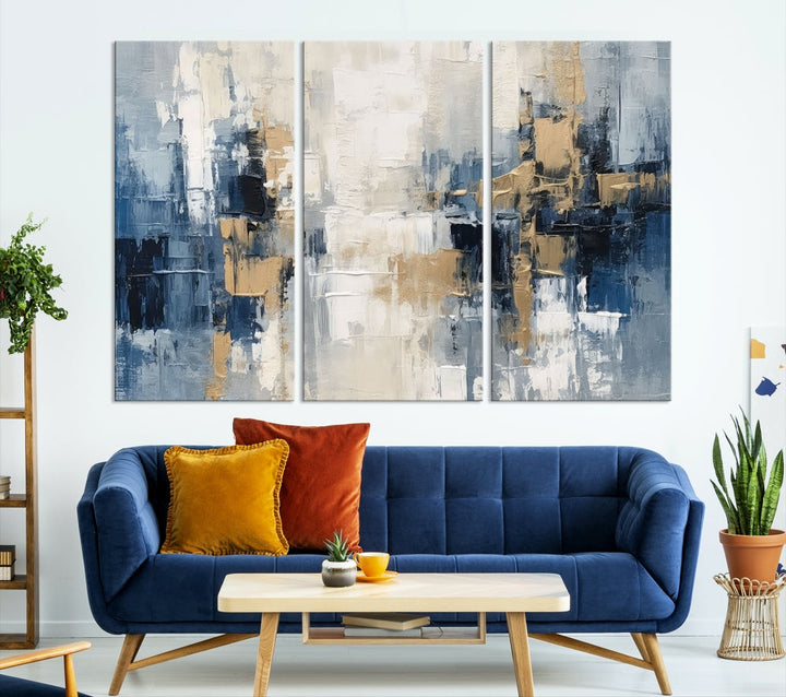 Blue Shades Abstract Artwork Printed Wall Art Framed Canvas Modern Marble Painting