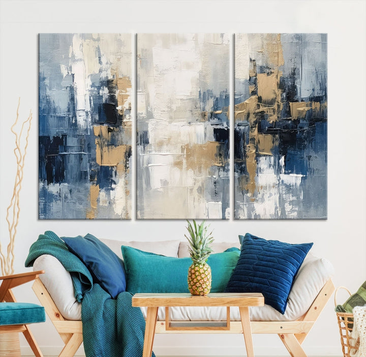 Blue Shades Abstract Artwork Printed Wall Art Framed Canvas Modern Marble Painting