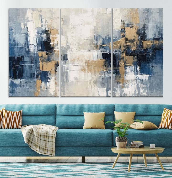 Blue Shades Abstract Artwork Printed Wall Art Framed Canvas Modern Marble Painting