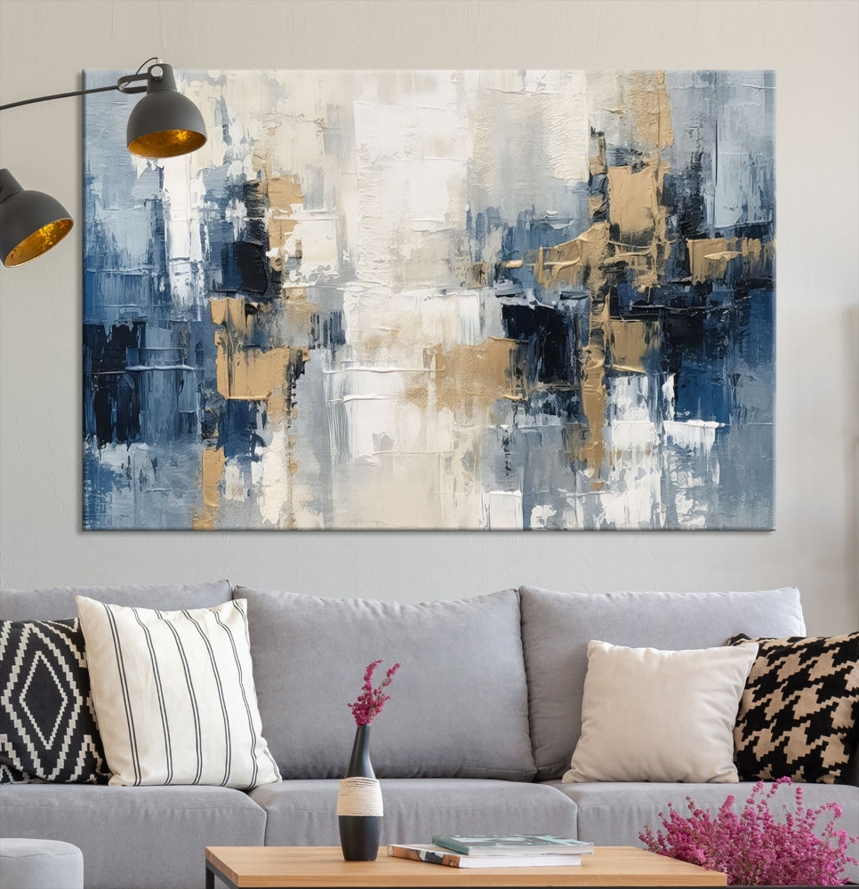 Blue Shades Abstract Artwork Printed Wall Art Framed Canvas Modern Marble Painting