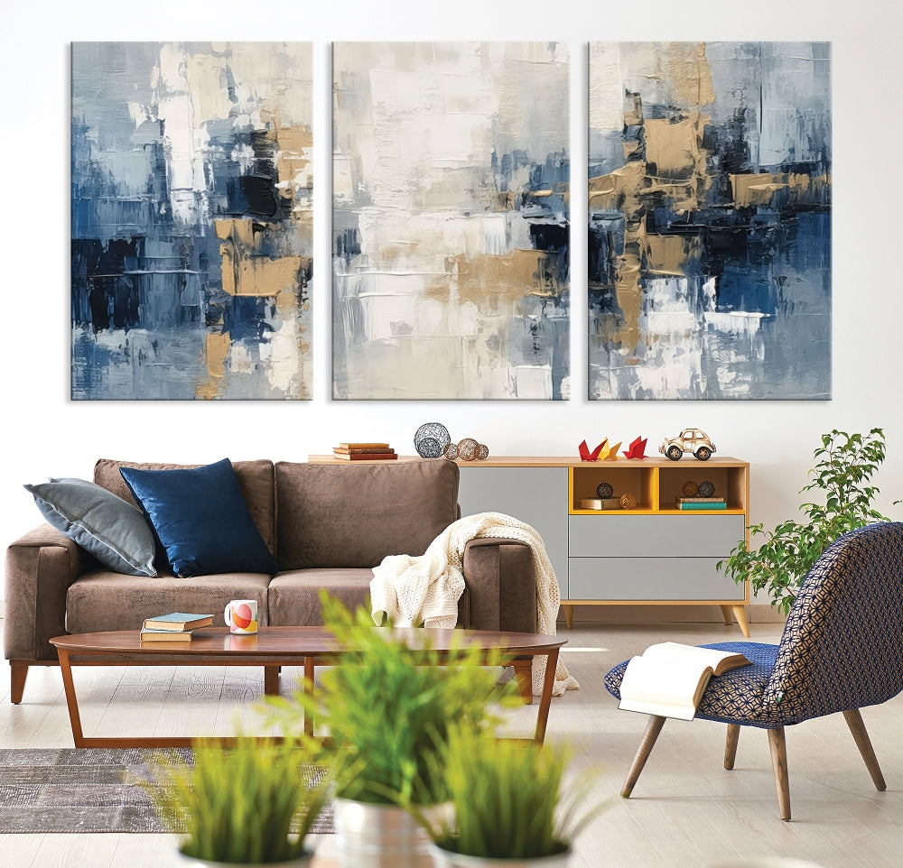 Blue Shades Abstract Artwork Printed Wall Art Framed Canvas Modern Marble Painting