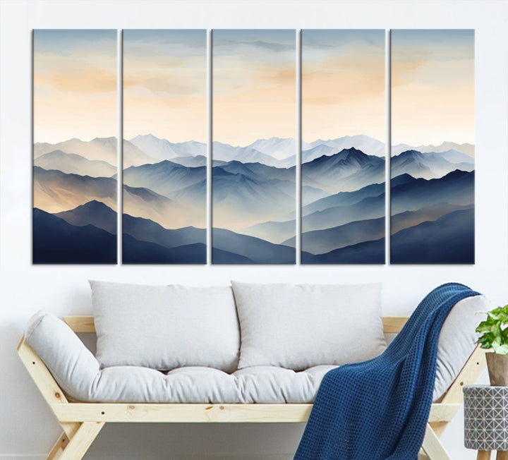 Blue Sky and Sunst Canvas Wall Art Print, Mountain Landscape Painting Set of , Modern Neutral Wall Decor