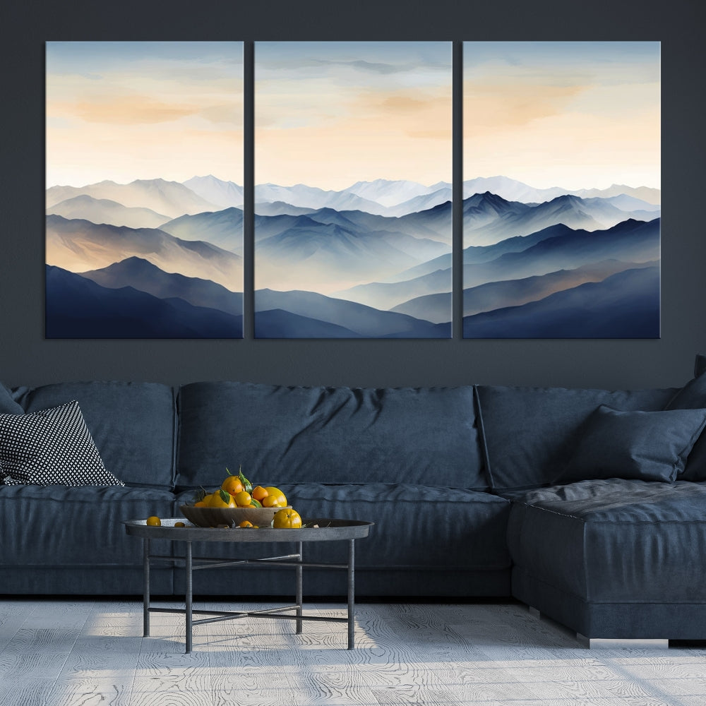 Blue Sky and Sunst Canvas Wall Art Print, Mountain Landscape Painting Set of , Modern Neutral Wall Decor