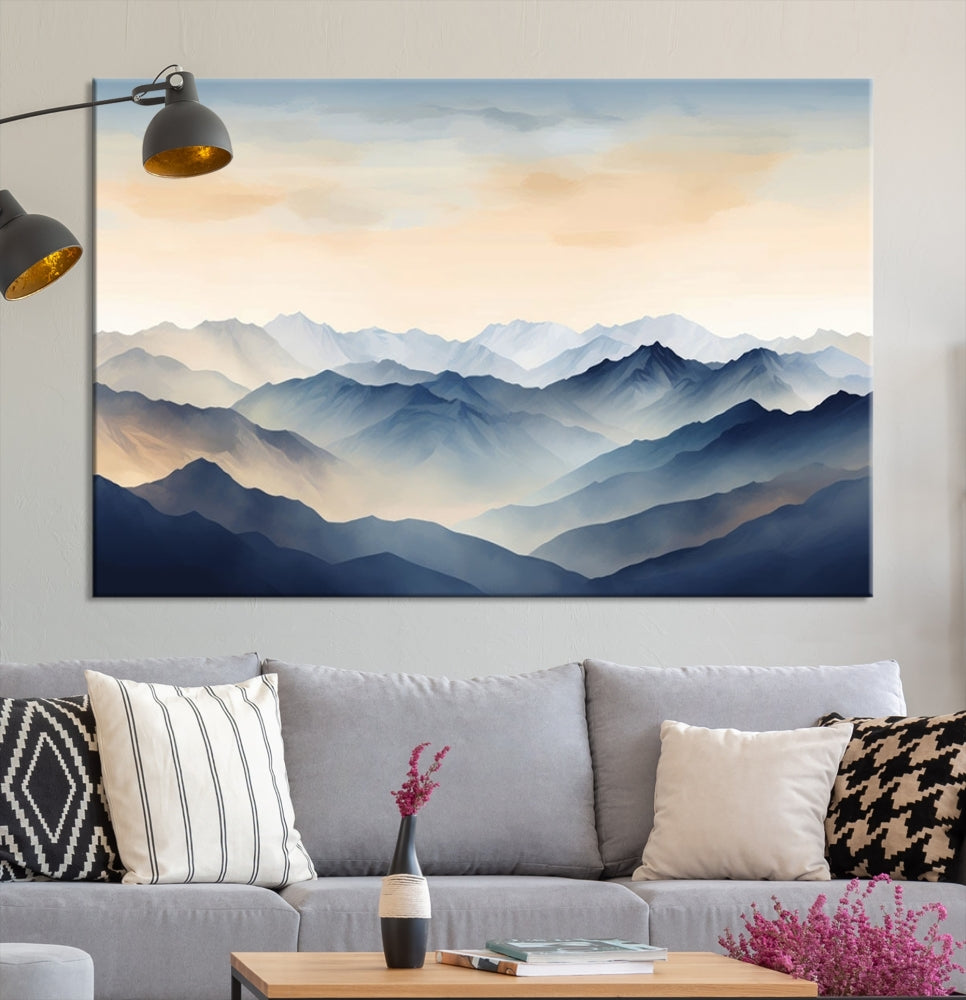 Blue Sky and Sunst Canvas Wall Art Print, Mountain Landscape Painting Set of , Modern Neutral Wall Decor