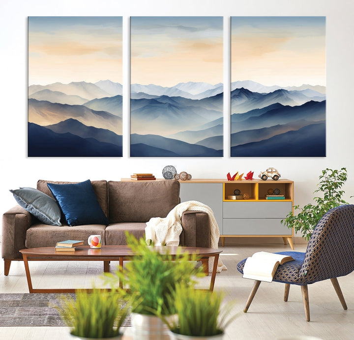 Blue Sky and Sunst Canvas Wall Art Print, Mountain Landscape Painting Set of , Modern Neutral Wall Decor