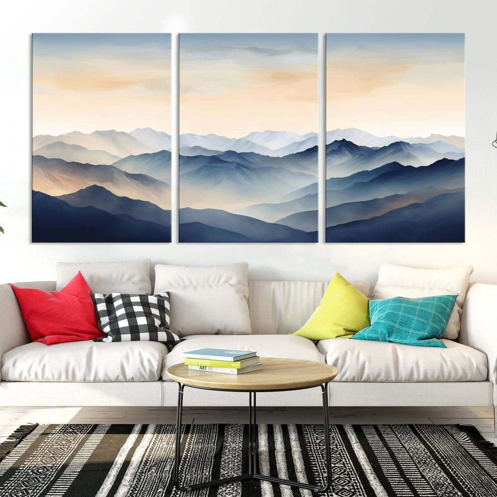 Blue Sky and Sunst Canvas Wall Art Print, Mountain Landscape Painting Set of , Modern Neutral Wall Decor