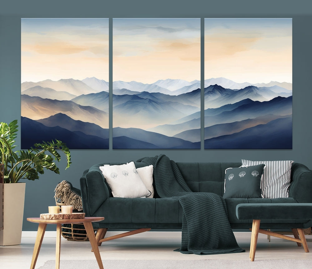 Blue Sky and Sunst Canvas Wall Art Print, Mountain Landscape Painting Set of , Modern Neutral Wall Decor