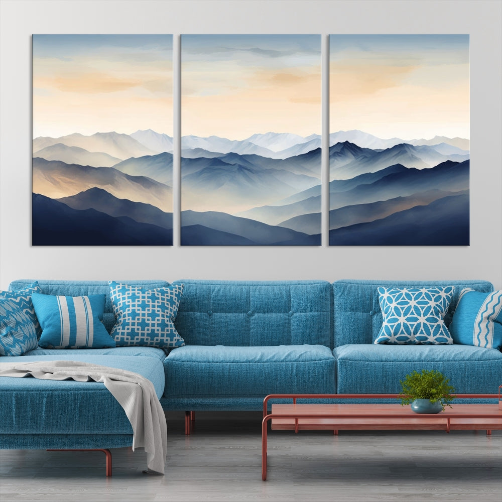 Blue Sky and Sunst Canvas Wall Art Print, Mountain Landscape Painting Set of , Modern Neutral Wall Decor