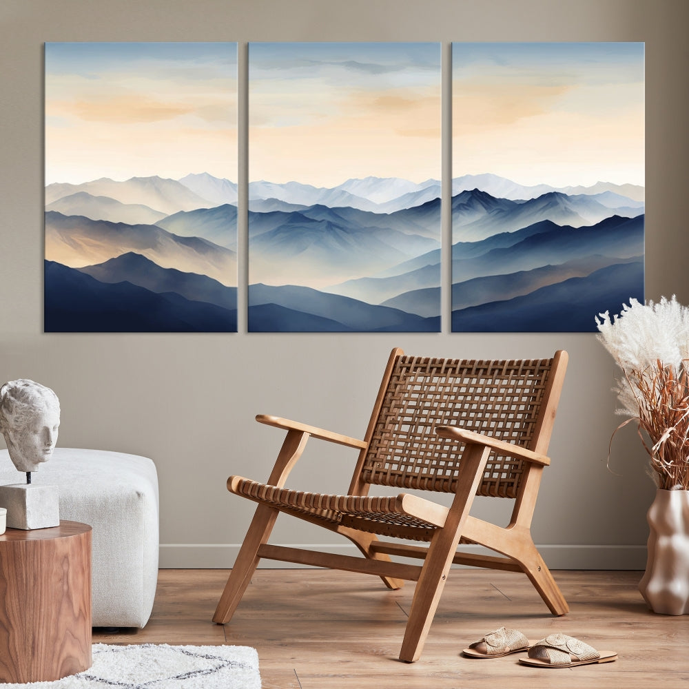 Blue Sky and Sunst Canvas Wall Art Print, Mountain Landscape Painting Set of , Modern Neutral Wall Decor