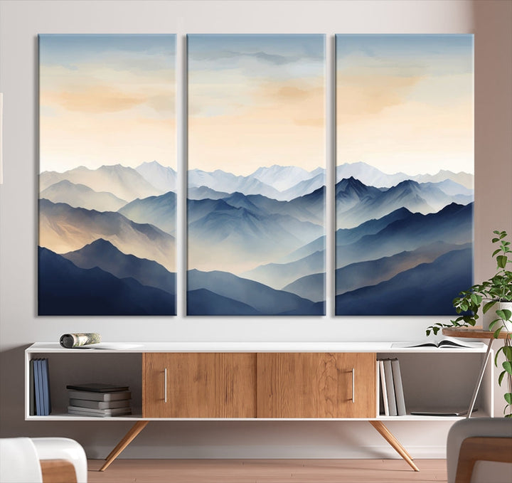 Blue Sky and Sunst Canvas Wall Art Print, Mountain Landscape Painting Set of , Modern Neutral Wall Decor