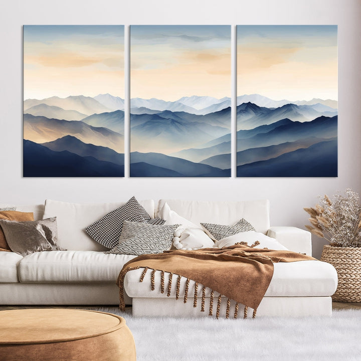 Blue Sky and Sunst Canvas Wall Art Print, Mountain Landscape Painting Set of , Modern Neutral Wall Decor