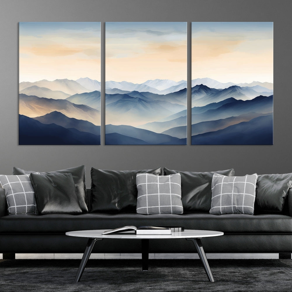 Blue Sky and Sunst Canvas Wall Art Print, Mountain Landscape Painting Set of , Modern Neutral Wall Decor