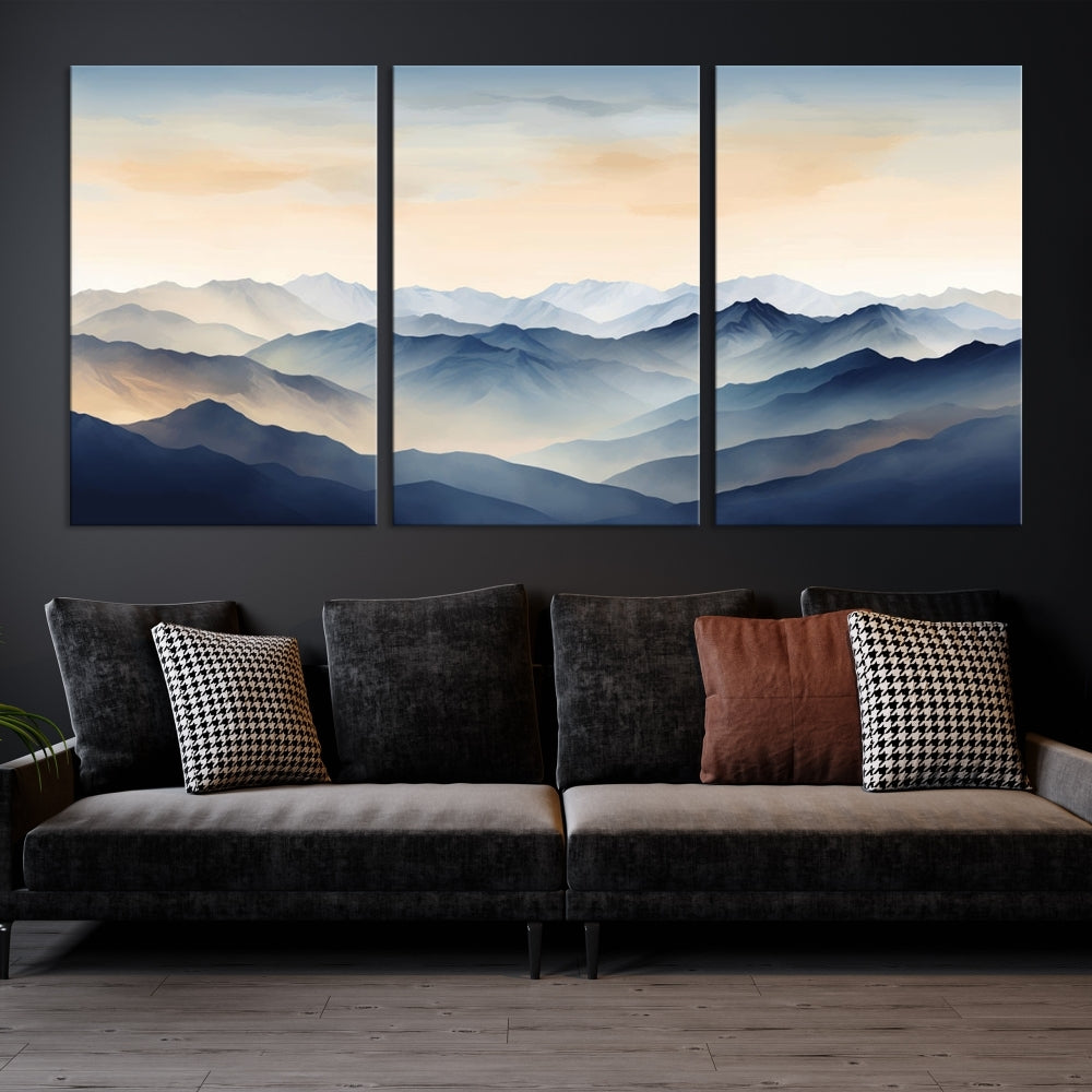 Blue Sky and Sunst Canvas Wall Art Print, Mountain Landscape Painting Set of , Modern Neutral Wall Decor