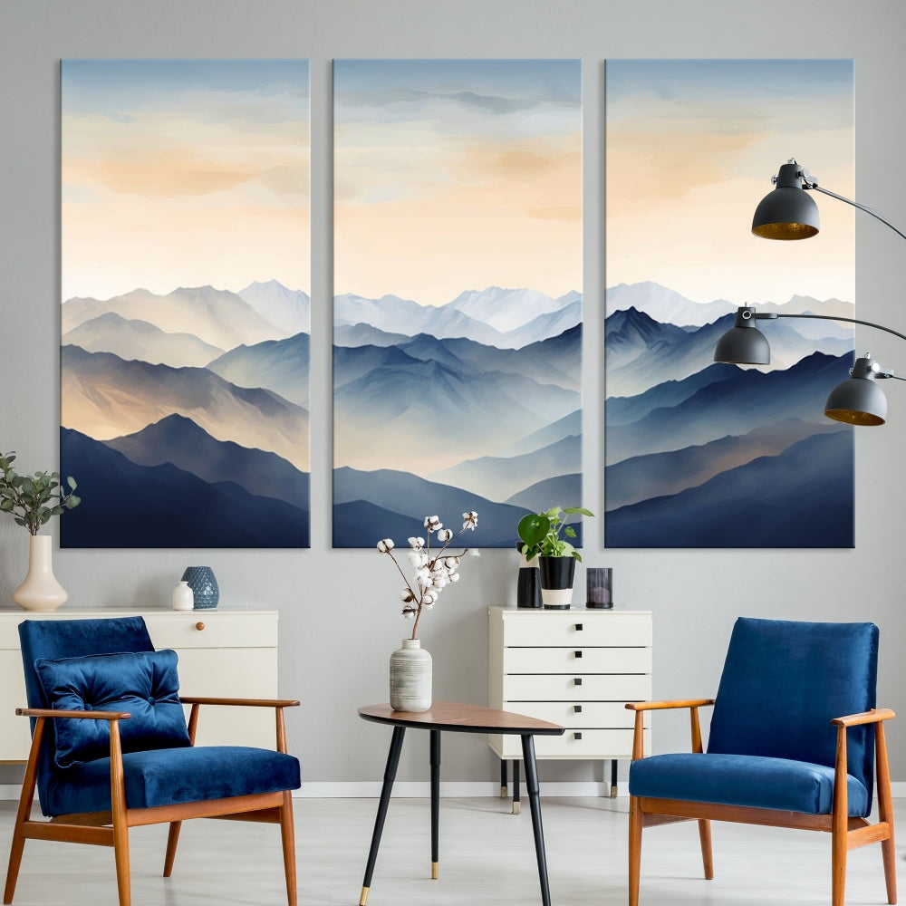 Blue Sky and Sunst Canvas Wall Art Print, Mountain Landscape Painting Set of , Modern Neutral Wall Decor