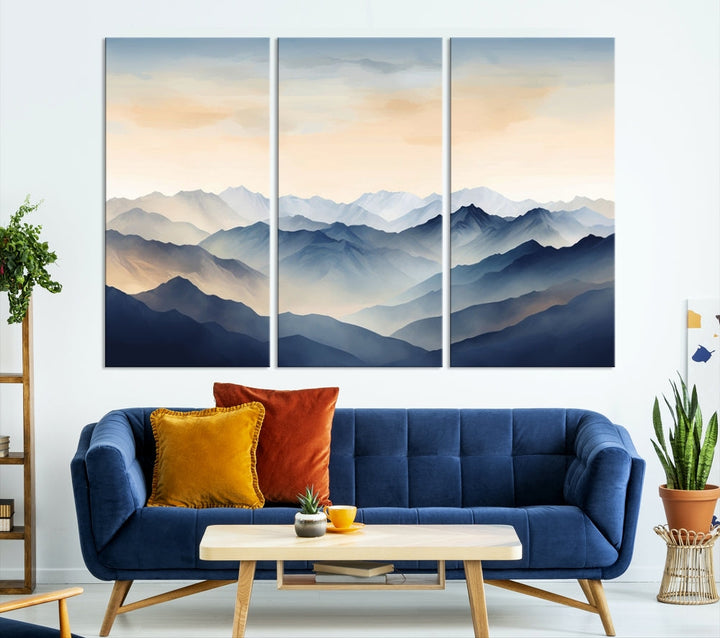 Blue Sky and Sunst Canvas Wall Art Print, Mountain Landscape Painting Set of , Modern Neutral Wall Decor