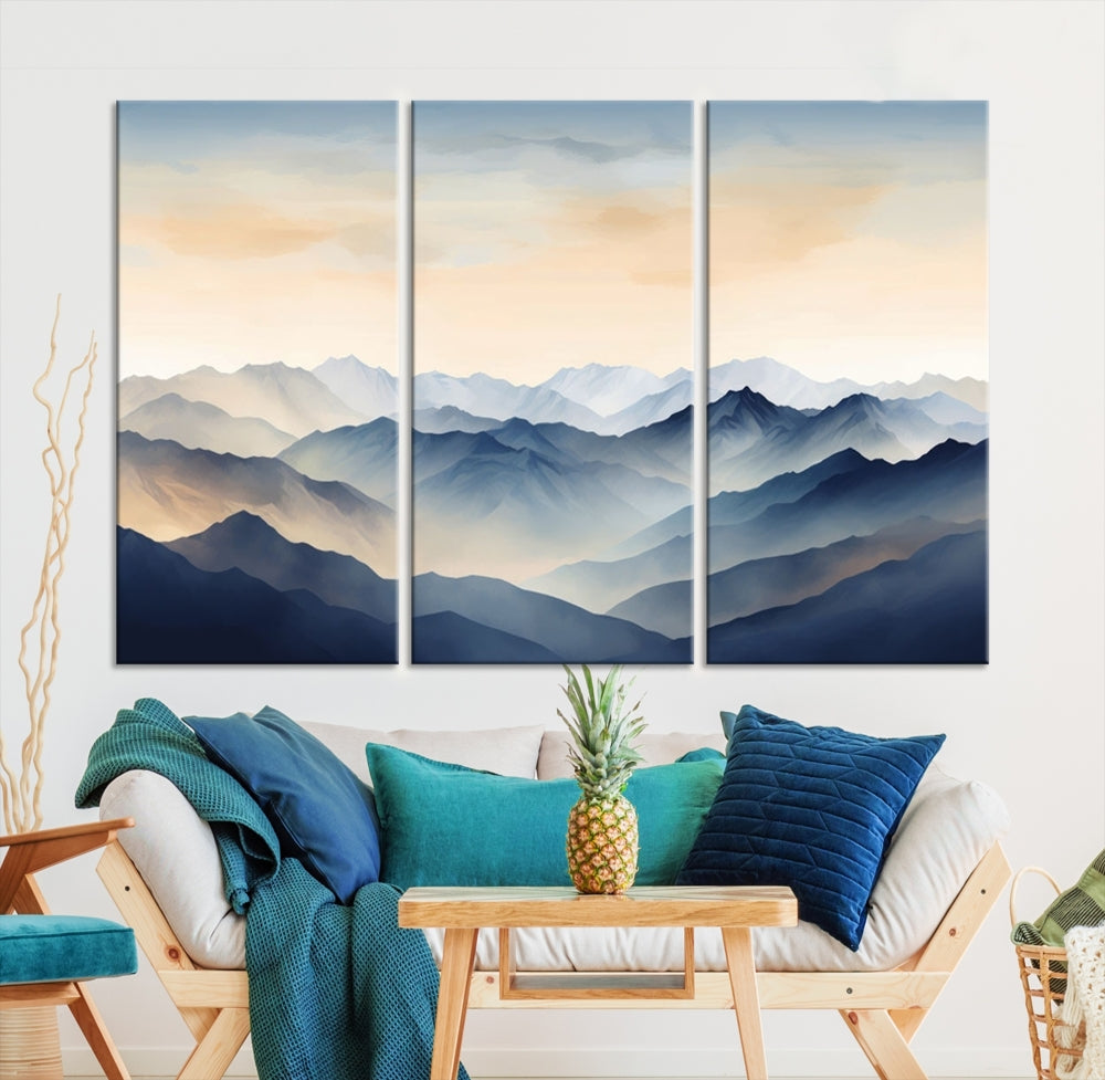 Blue Sky and Sunst Canvas Wall Art Print, Mountain Landscape Painting Set of , Modern Neutral Wall Decor