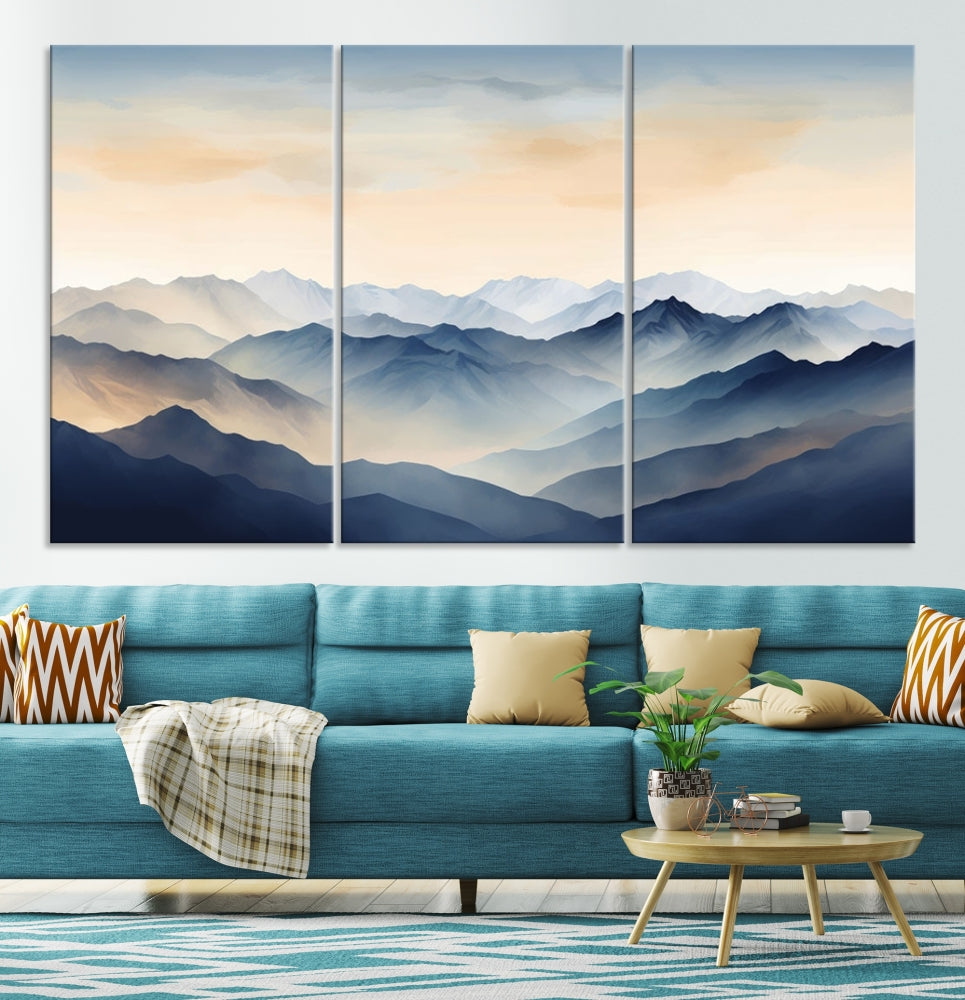 Blue Sky and Sunst Canvas Wall Art Print, Mountain Landscape Painting Set of , Modern Neutral Wall Decor