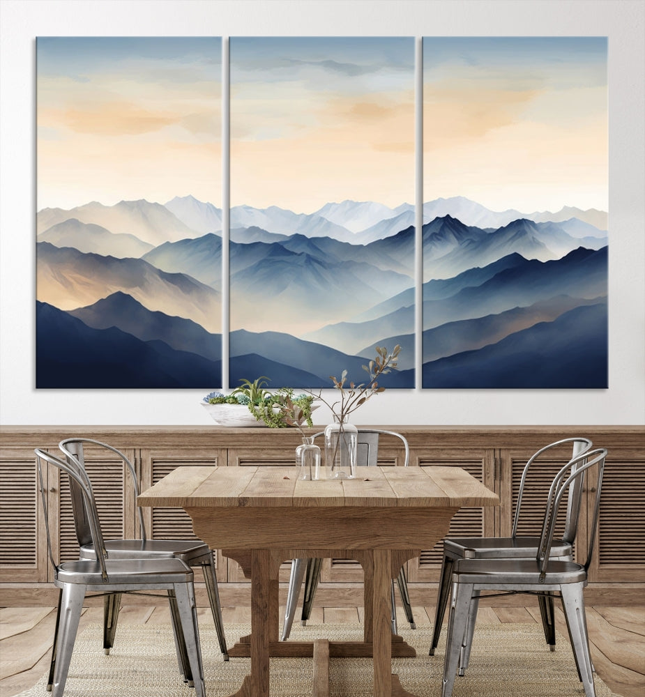 Blue Sky and Sunst Canvas Wall Art Print, Mountain Landscape Painting Set of , Modern Neutral Wall Decor