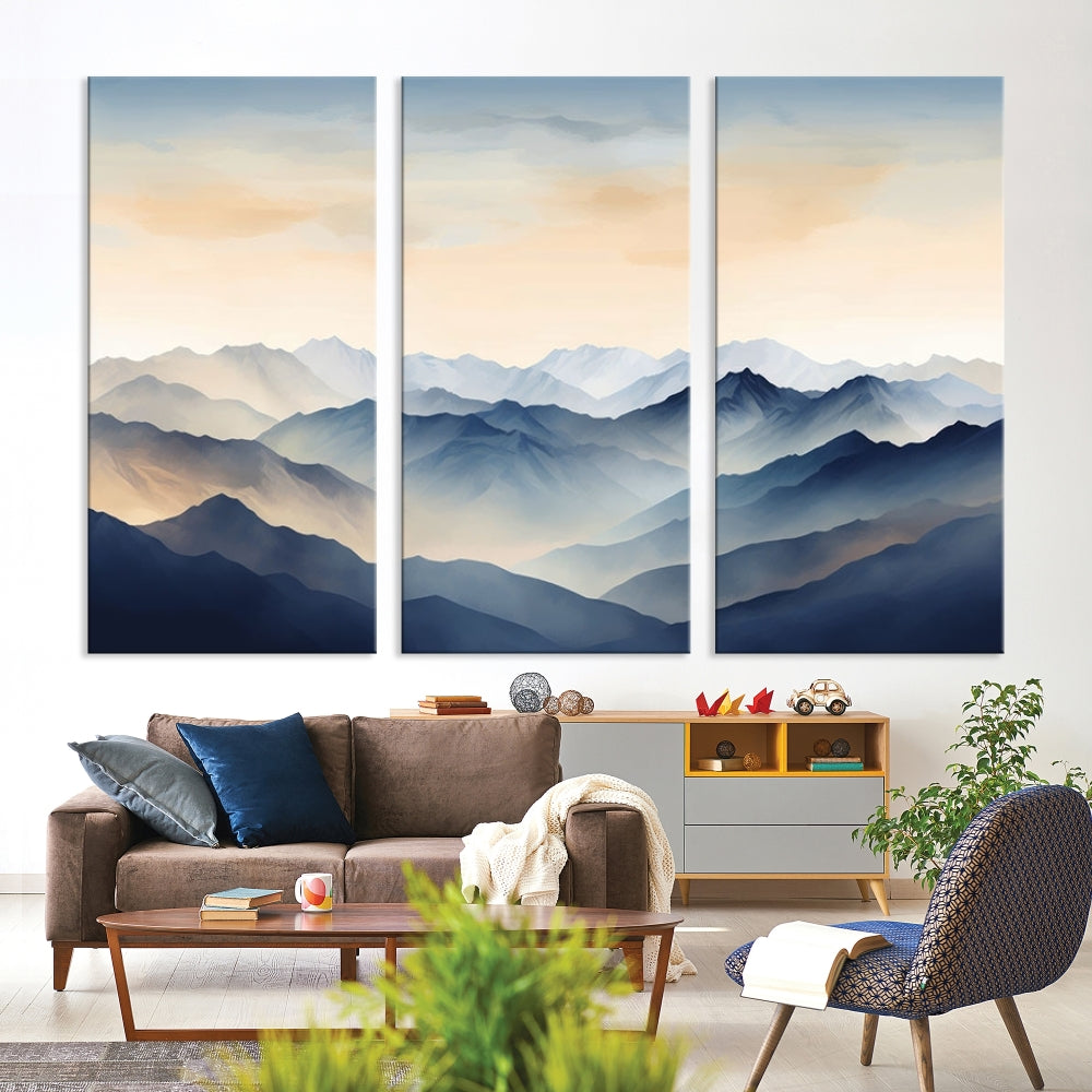 Blue Sky and Sunst Canvas Wall Art Print, Mountain Landscape Painting Set of , Modern Neutral Wall Decor