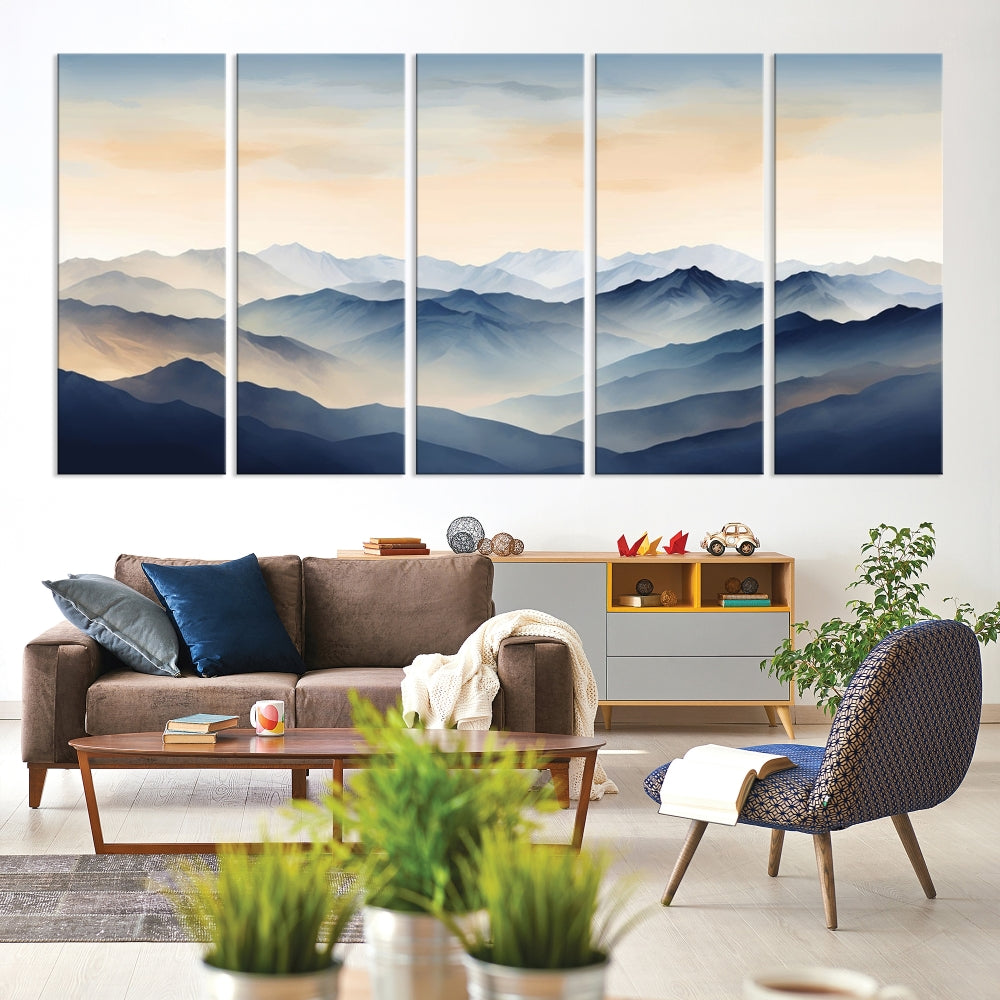 Blue Sky and Sunst Canvas Wall Art Print, Mountain Landscape Painting Set of , Modern Neutral Wall Decor