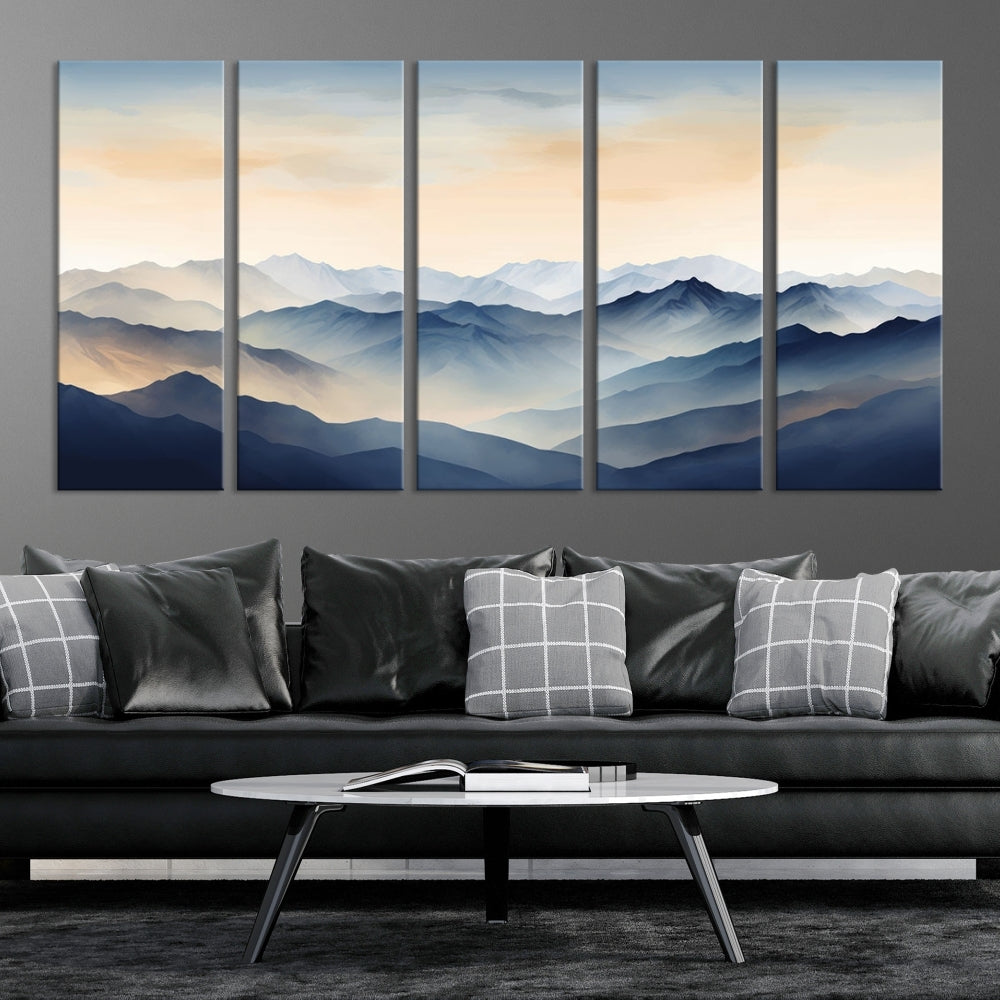 Blue Sky and Sunst Canvas Wall Art Print, Mountain Landscape Painting Set of , Modern Neutral Wall Decor