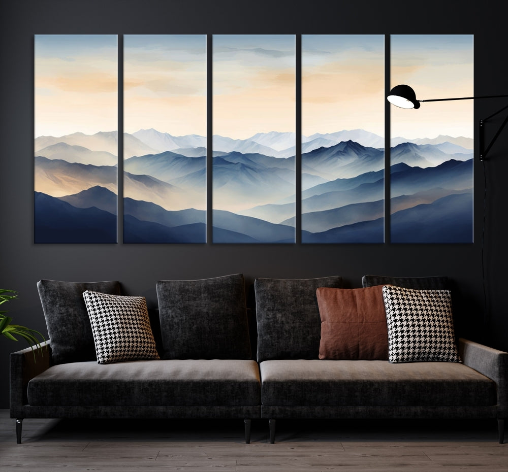 Blue Sky and Sunst Canvas Wall Art Print, Mountain Landscape Painting Set of , Modern Neutral Wall Decor