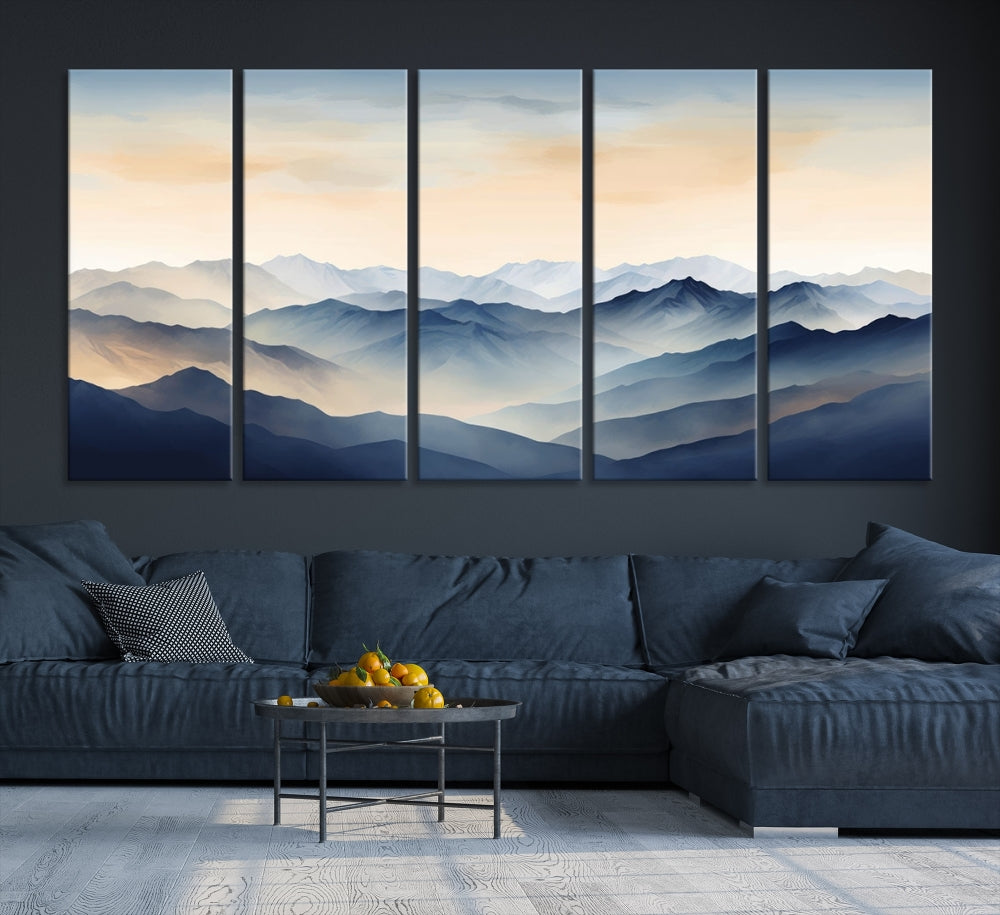 Blue Sky and Sunst Canvas Wall Art Print, Mountain Landscape Painting Set of , Modern Neutral Wall Decor