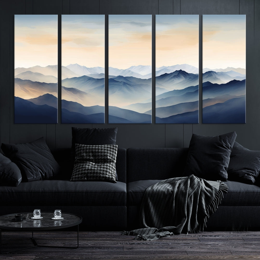 Blue Sky and Sunst Canvas Wall Art Print, Mountain Landscape Painting Set of , Modern Neutral Wall Decor