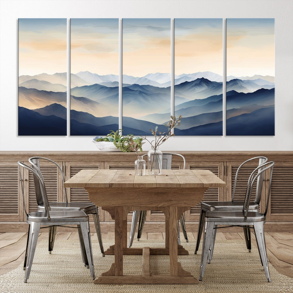 Blue Sky and Sunst Canvas Wall Art Print, Mountain Landscape Painting Set of , Modern Neutral Wall Decor